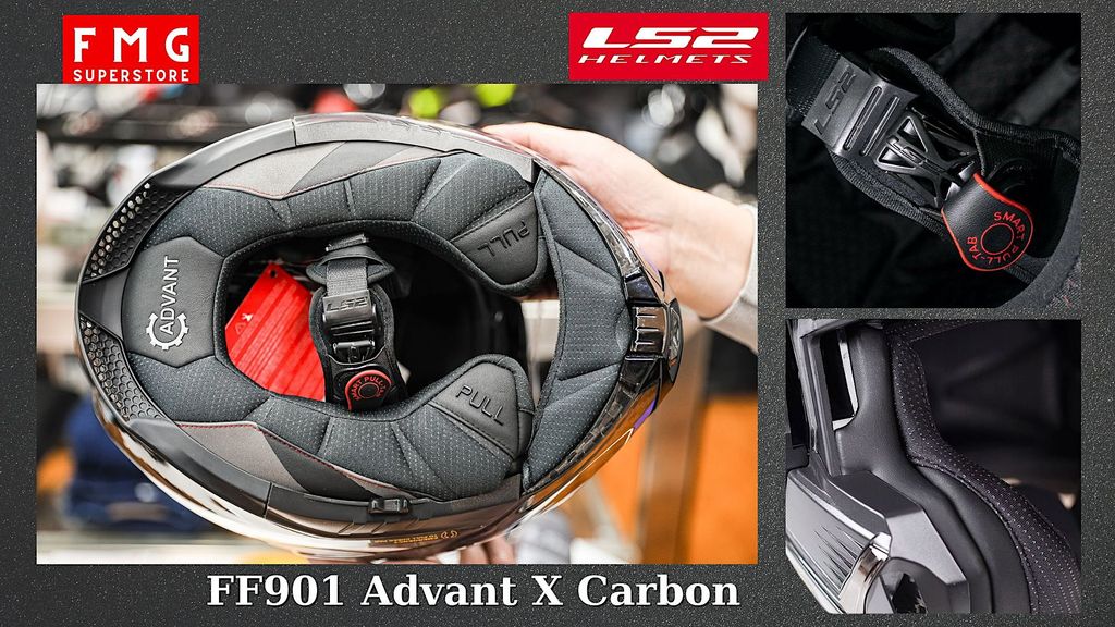 LS2 FF901 Advant X Carbon được trang bị khóa mũ an toàn Micrometric và tính năng tháo cởi mũ trường hợp khẩn cấp