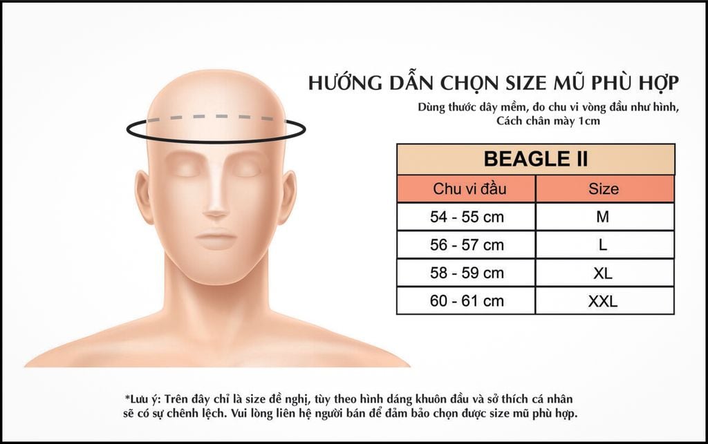 Bảng Size Mũ Bảo Hiểm 3/4 BULLDOG Beagle II Chính Hãng