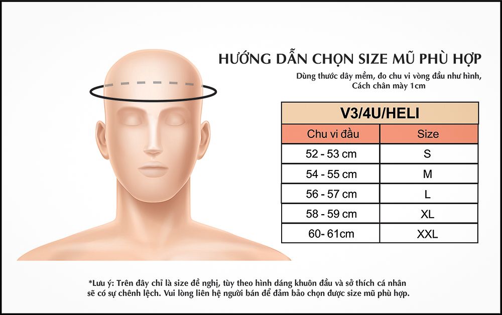 Bảng Size Mũ Bảo Hiểm 3/4 BULLDOG Perro 4U Chính Hãng