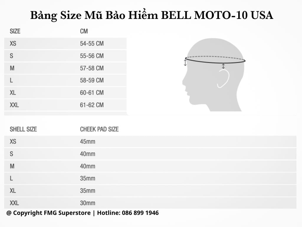 Bảng Size Mũ Bảo Hiểm Offroad BELL MOTO-10 SPHERICAL FASTHOUSE PRIVATEER có sẵn tại FMG Superstore