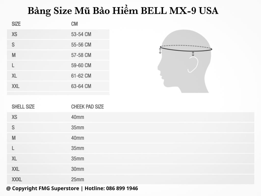 Bảng Size Mũ Bảo Bảng Size Mũ bảo Hiểm BELL MX-9 MIPS® Chính Hãng Nhập Khẩu từ USA có sẵn tại FMG Superstore