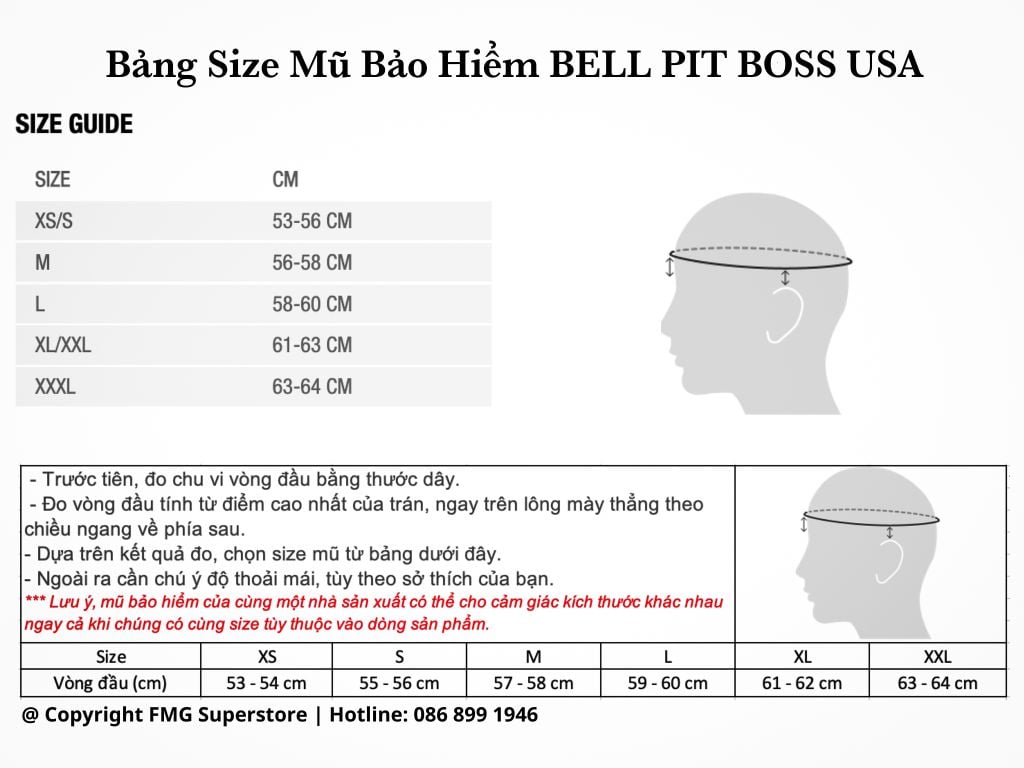 Bảng Size Mũ Bảo Hiểm 1/2 Bell Pit Boss Chính Hãng Nhập Khẩu từ USA tại FMG Superstore Distributor