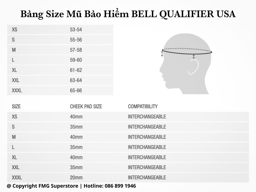 Bảng Size Mũ Bảo Hiểm FullFace BELL Qualifier Ascent Matte Chính Hãng Nhập Khẩu USA tại FMG Superstore