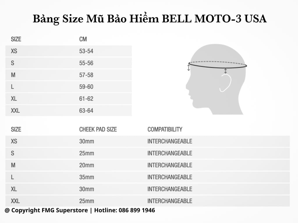 Bảng Size Mũ Bảo Hiểm BELL MOTO-3 Chính Hãng Nhập Khẩu từ USA có sẵn tại FMG Superstore