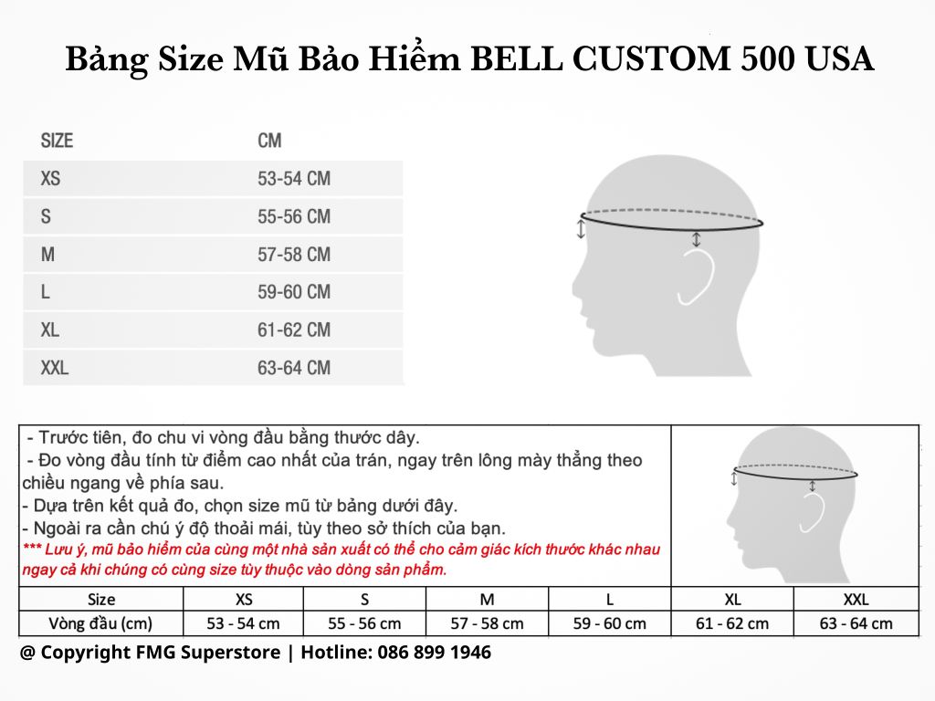 Bảng Size Mũ Bảo Hiểm 3/4 BELL Custom 500 Chính Hãng Nhập Khẩu USA tại FMG Superstore