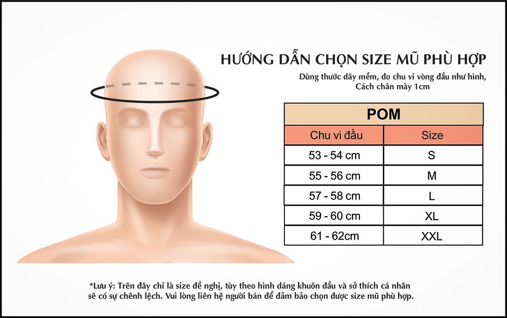 Bảng Size Mũ Bảo Hiểm 3/4 BULLDOG POM Chính Hãng