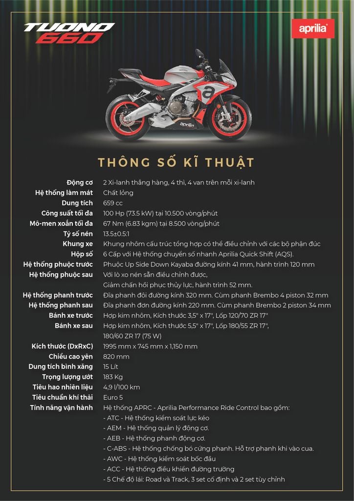 Motoplex Hanoi - Aprilia Tuono 660 - Thông số kỹ thuật