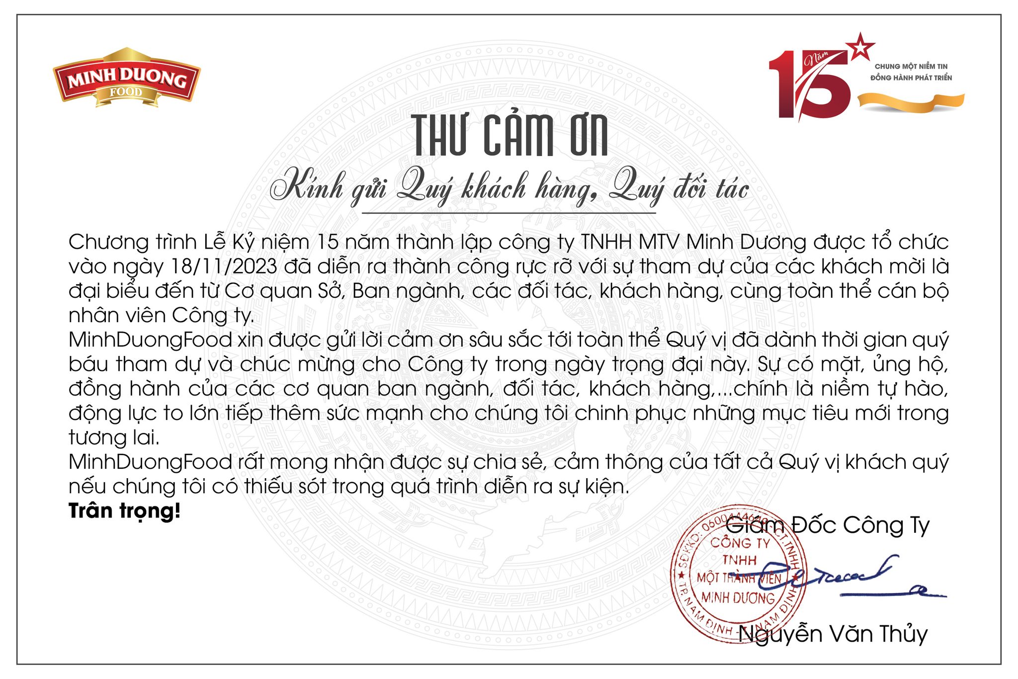 THƯ CẢM ƠN_ Kỉ Niệm 15 Năm Thành Lập Công Ty