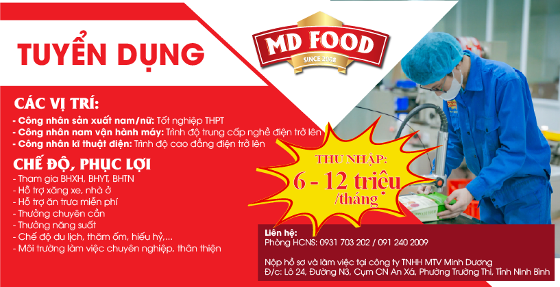 MDFOOD TUYỂN DỤNG CÔNG NHÂN – THU NHẬP ỔN ĐỊNH – LÀM VIỆC NGAY!