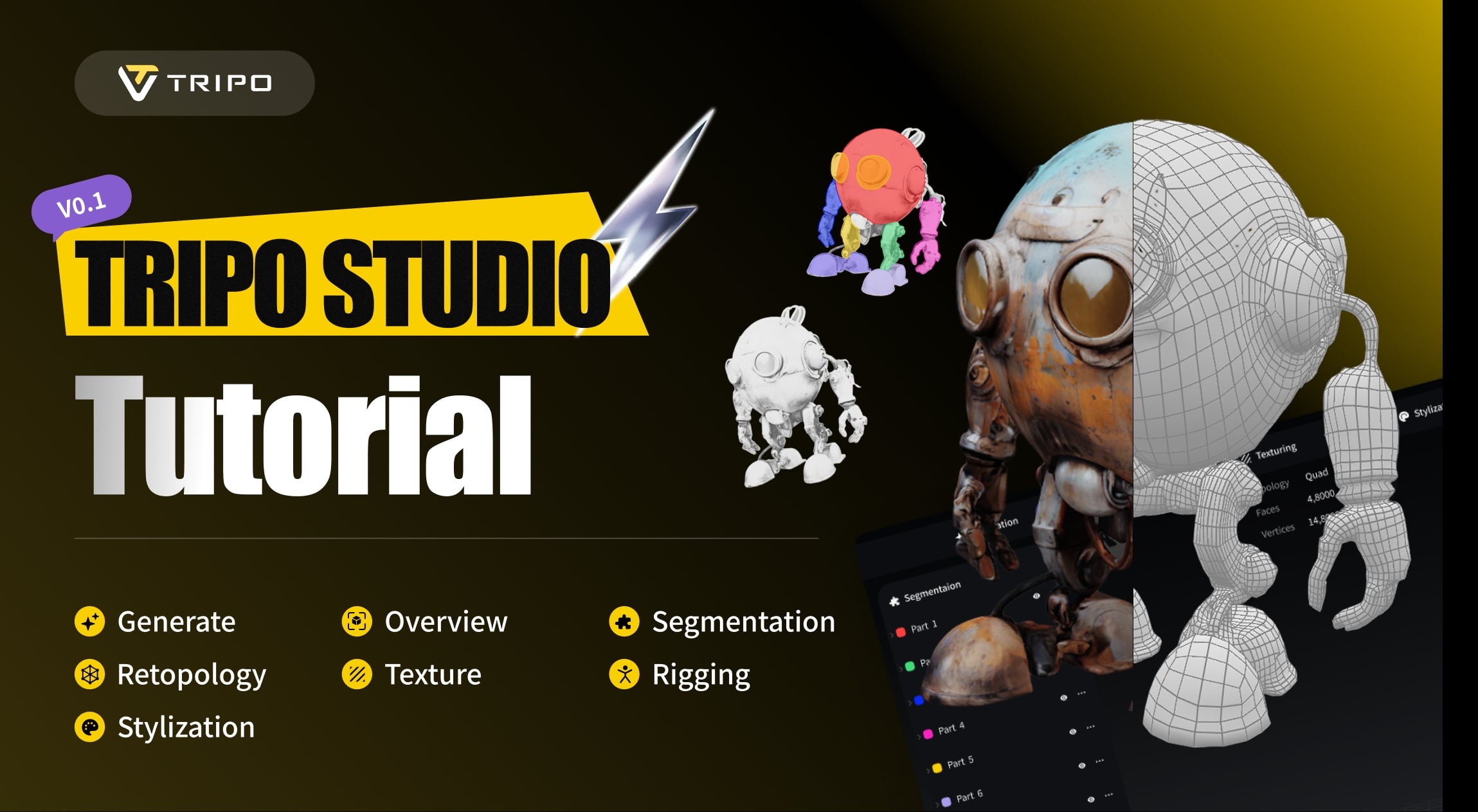 Tripo 3D công cụ AI tạo 3D model auto-rigging segmentation 4K PBR textures in 3D