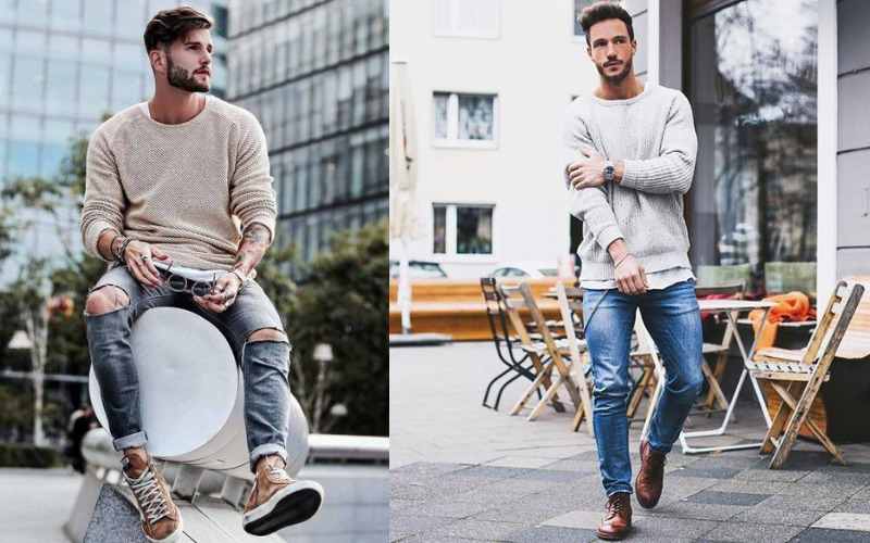 Áo len cổ tròn mix cùng jeans vintage