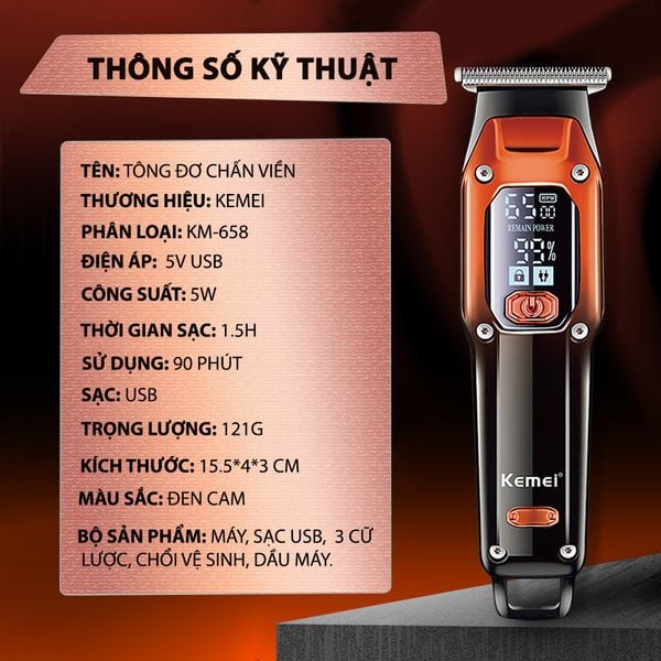 Thông số kỹ thuật tông đơ chấn viền Kemei KM-658