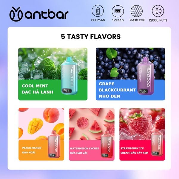 Pod ANTBAR SA12000 hơi vị Kem dâu - Strawberry Ice Cream 3% dùng 1 lần – 2HPod