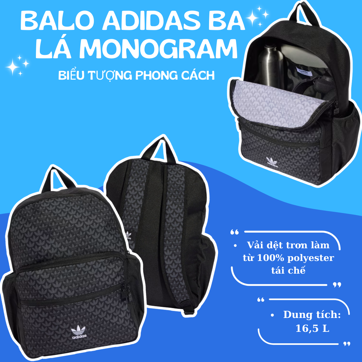 🎒 Balo Adidas Ba Lá Monogram – Nhỏ Nhưng Chất!