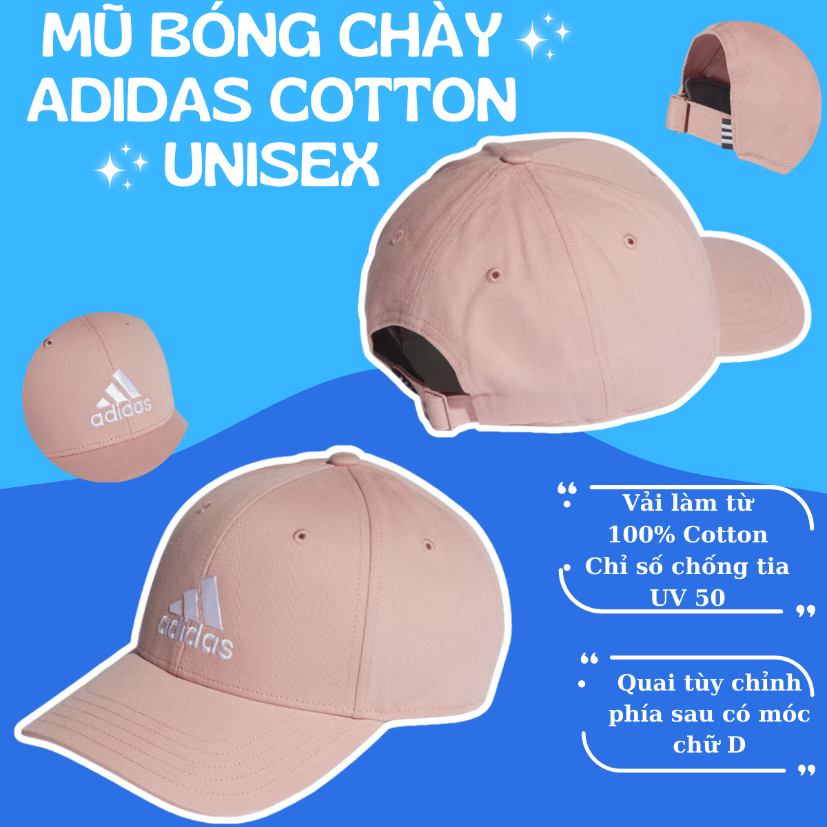 MŨ BÓNG CHÀY ADIDAS COTTON UNISEX - MÀU HỒNG