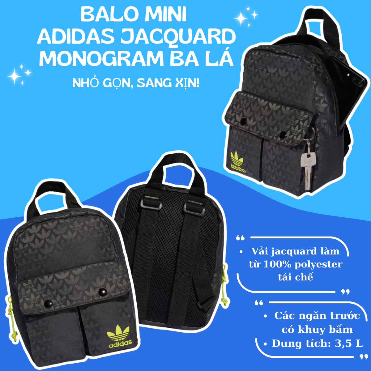 🎒 Balo Mini Adidas Jacquard Monogram – Nhỏ Gọn, Phong Cách Lớn!