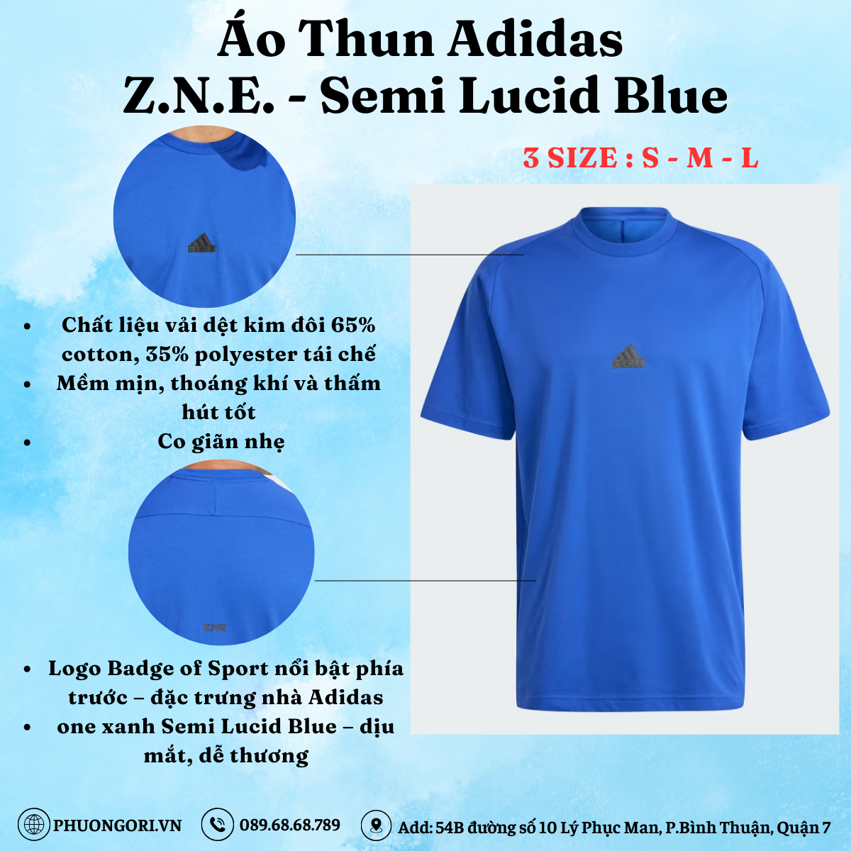 💙 Áo Thun Adidas Z.N.E. – Màu Semi Lucid Blue | Mềm Mại, Cá Tính, Chuẩn Gu Hiện Đại