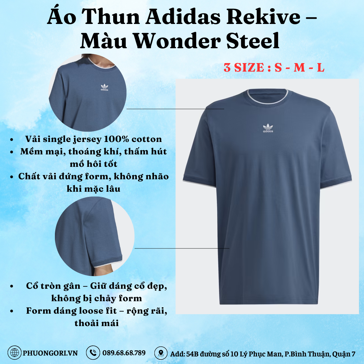 💙 Áo Thun Adidas Rekive – Màu Wonder Steel | Phóng khoáng, cá tính và cực dễ mặc