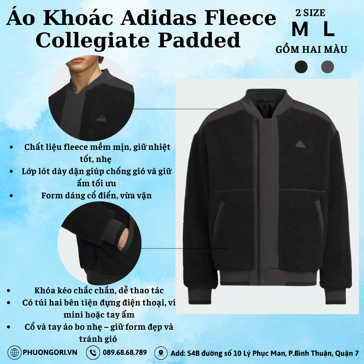 🧥 Áo Khoác Adidas Fleece Collegiate Padded – Màu Đen
