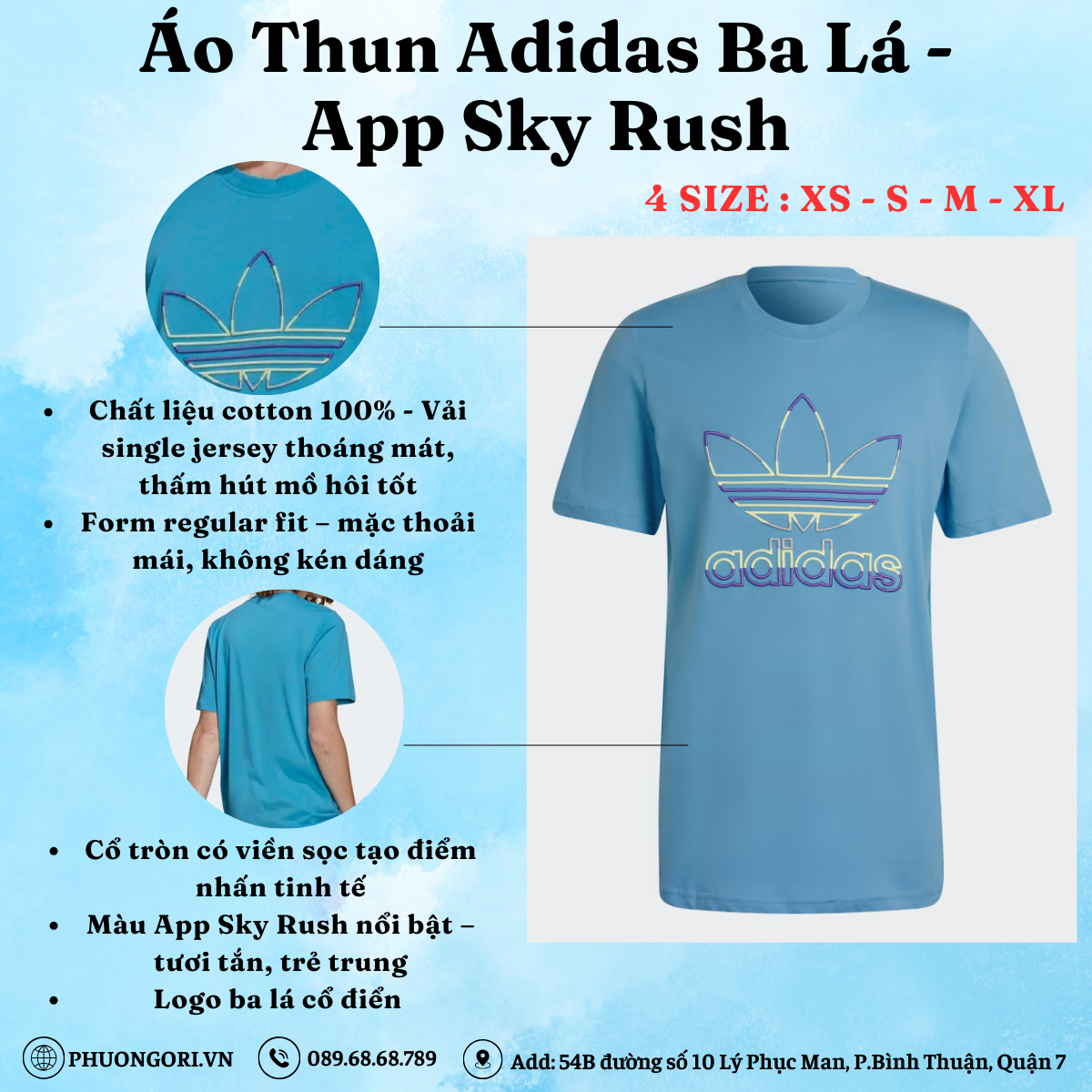 🌿 Áo Thun Adidas Ba Lá – Màu App Sky Rush | Phong Cách Kinh Điển, Mát Mắt & Thân Thiện Môi Trường