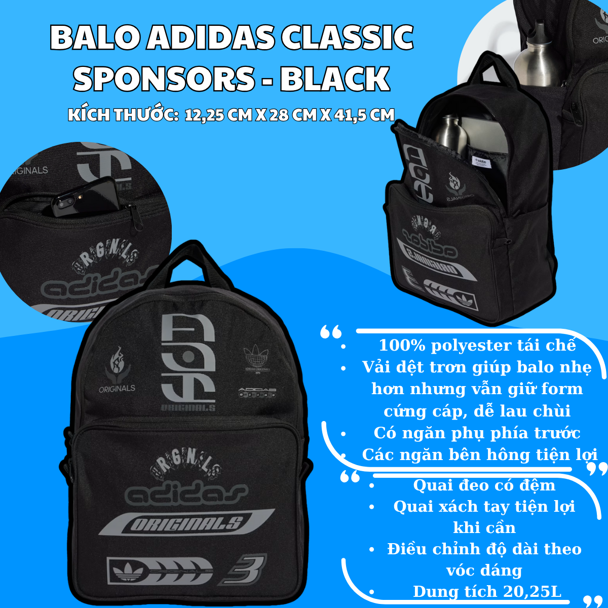🎒 Balo Adidas Classic Sponsors – Màu Đen Basic, Nhỏ Gọn Nhưng Đựng Được Cả Thế Giới