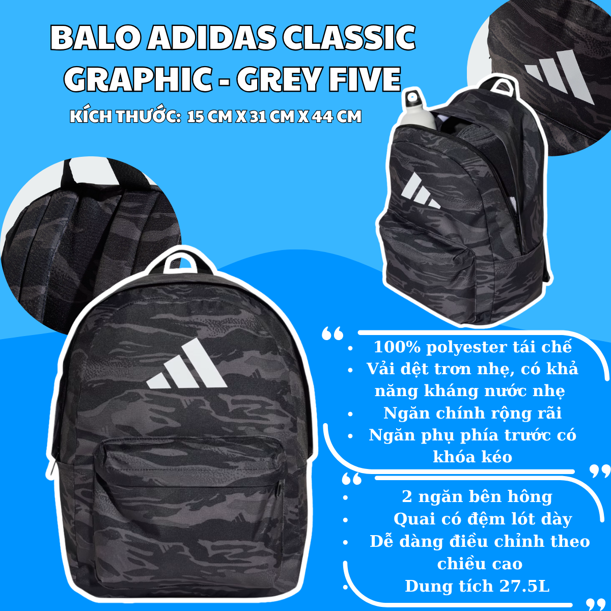 🎒 Balo Adidas Classic Graphic – Màu Xám Cực Chill, Dễ Phối