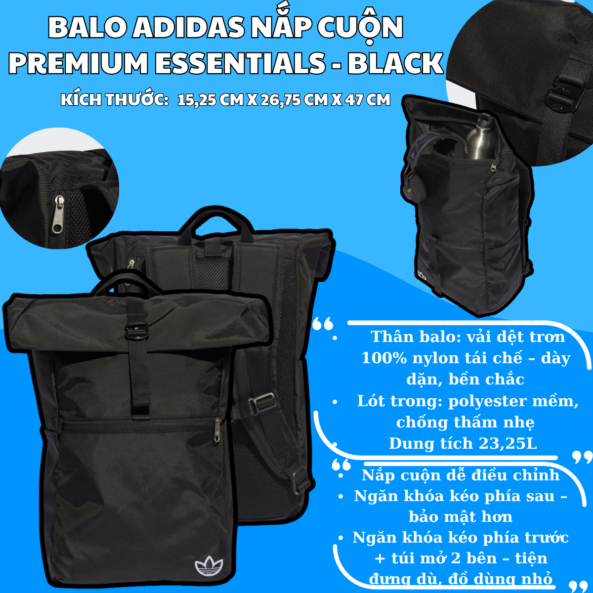 🎒 Balo Adidas Nắp Cuộn Premium Essentials – Màu Đen