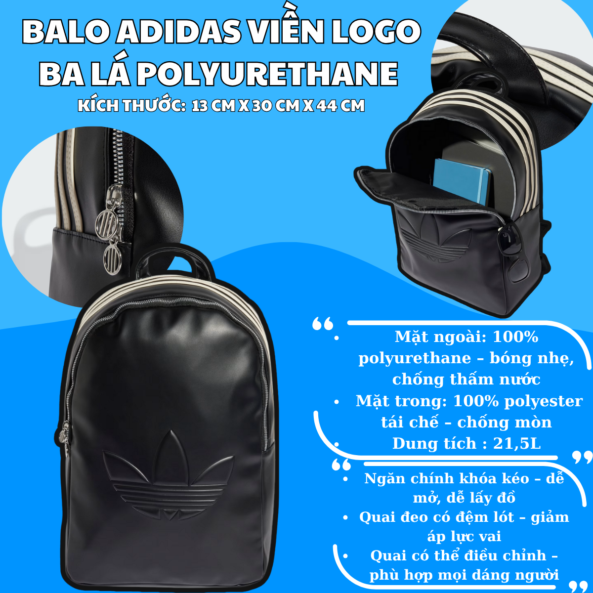 🎒 Balo Adidas Viền Logo Ba Lá Polyurethane – Màu Đen Sang Trọng, Bền Bỉ