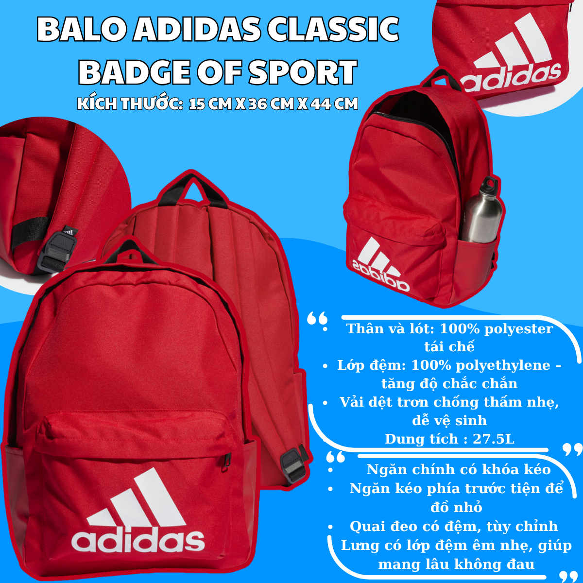 🎒 Balo Adidas Classic Badge of Sport – Màu Đỏ