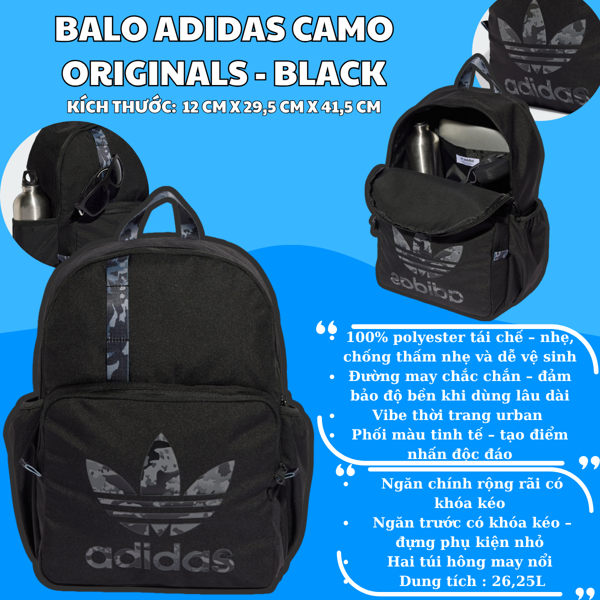 🎒 Balo Adidas Camo Originals – Đen Ngầu, Họa Tiết Camo Cá Tính