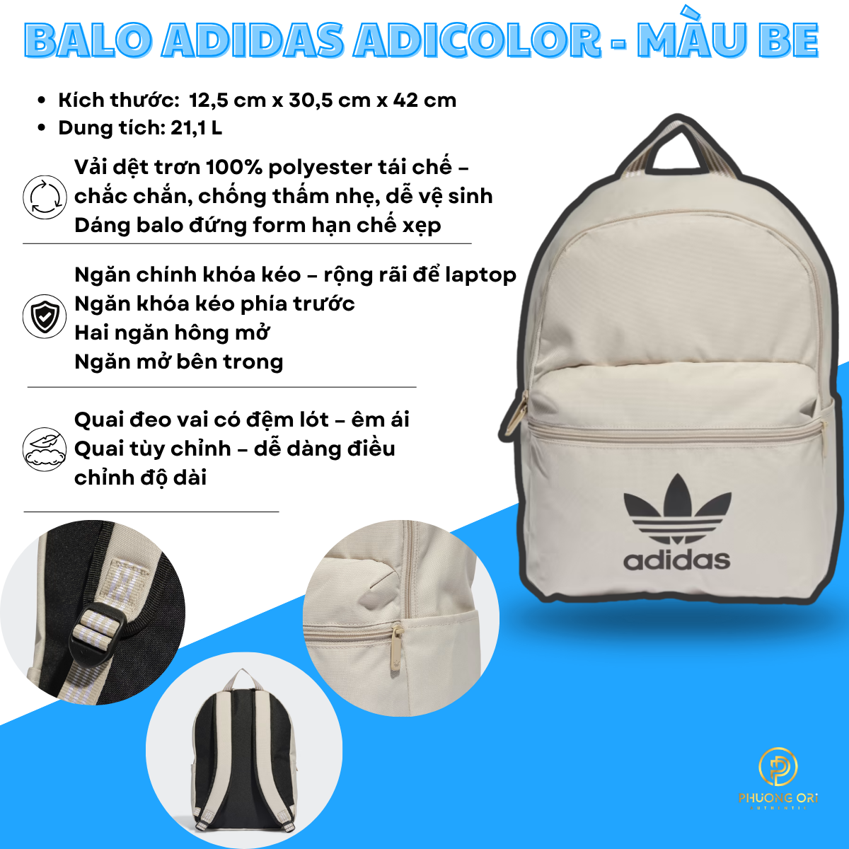 🎒 Balo Adidas Adicolor – Màu Wonder Beige