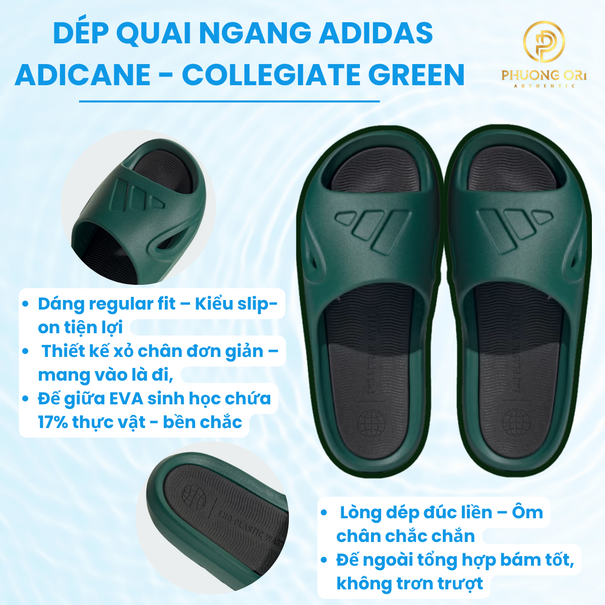 🩴 Dép Quai Ngang Adidas Adicane – Xanh Rêu Cực Trend, Êm Chân & Xanh Hơn Cho Trái Đất