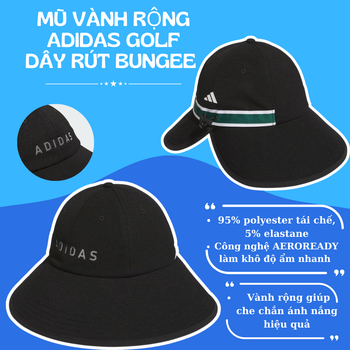 🎩 Mũ Vành Rộng Adidas Golf Dây Rút Bungee - Màu Đen