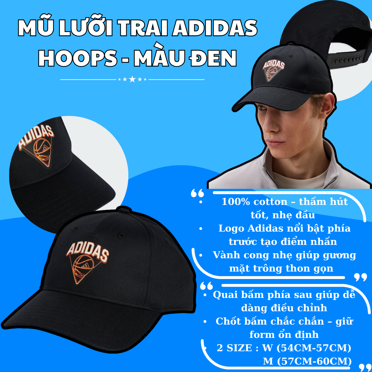 🧢 Mũ Lưỡi Trai Adidas Hoops - Màu Đen