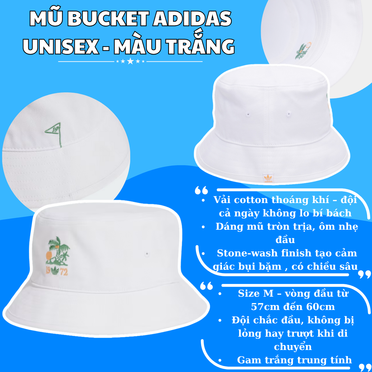 👒 Mũ Bucket Adidas Unisex – Màu Trắng
