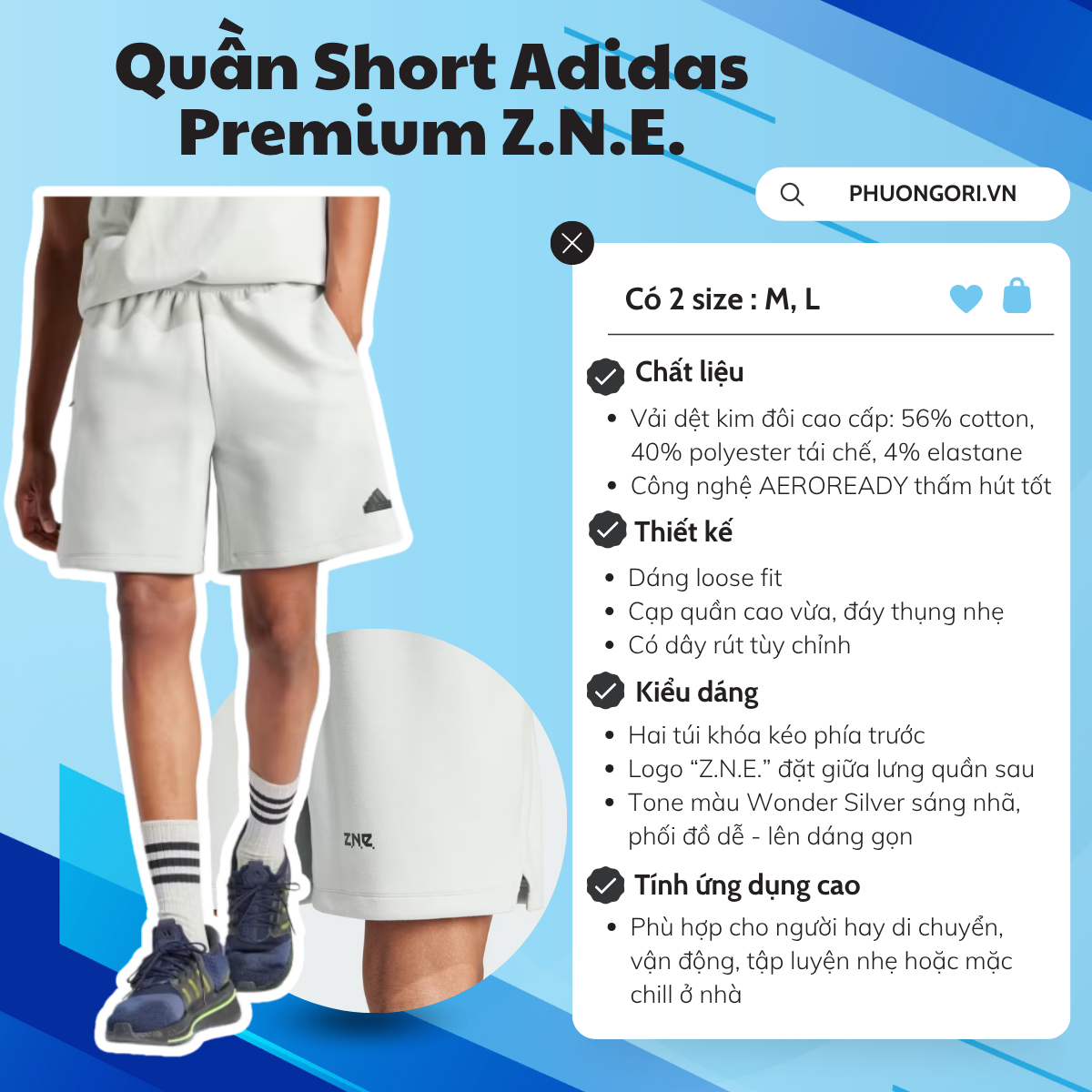 🩳 Quần Short Adidas Premium Z.N.E. – Mềm mại, co giãn, mặc là mê