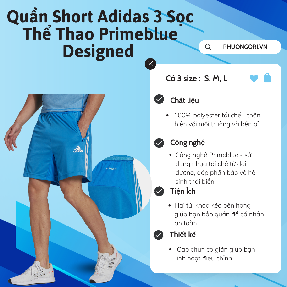 🩳 Quần Short Adidas 3 Sọc Thể Thao Primeblue Designed - Blue