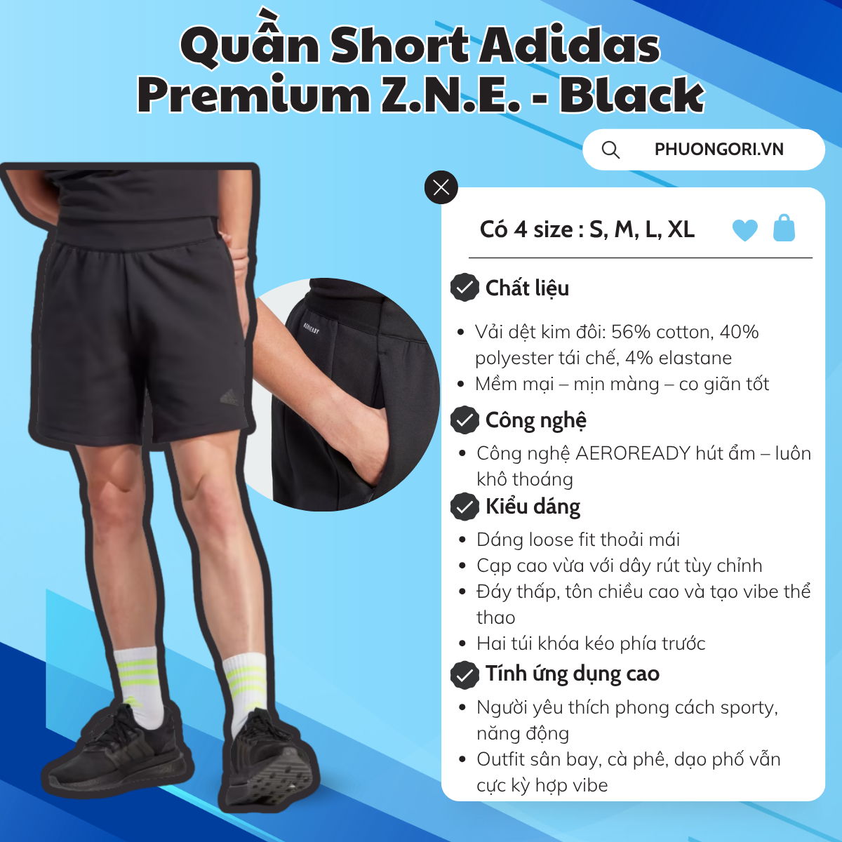 🖤 Quần Short Adidas Premium Z.N.E. - Màu Đen