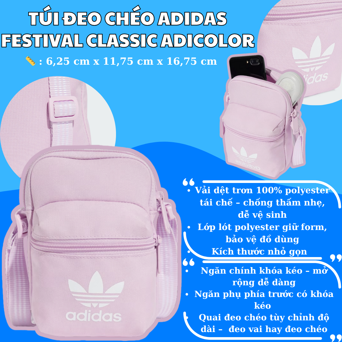 🎒 Túi Đeo Chéo Adidas Festival Classic Adicolor – Nhỏ Gọn, Xinh Xắn, Chuẩn Trend