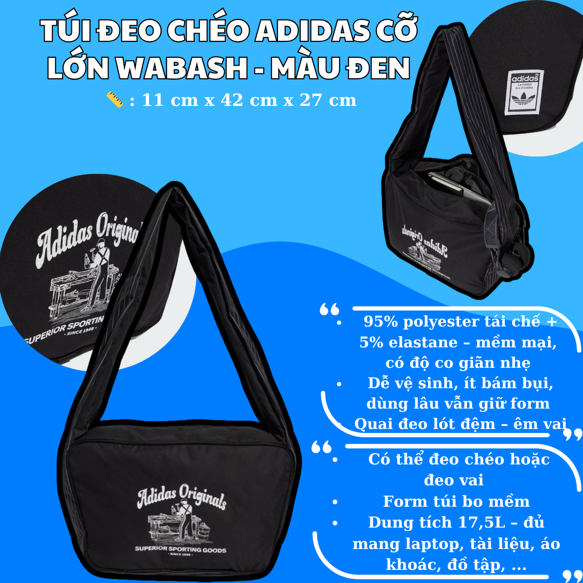 👜 Túi Đeo Chéo Adidas Cỡ Lớn Wabash – Màu Đen