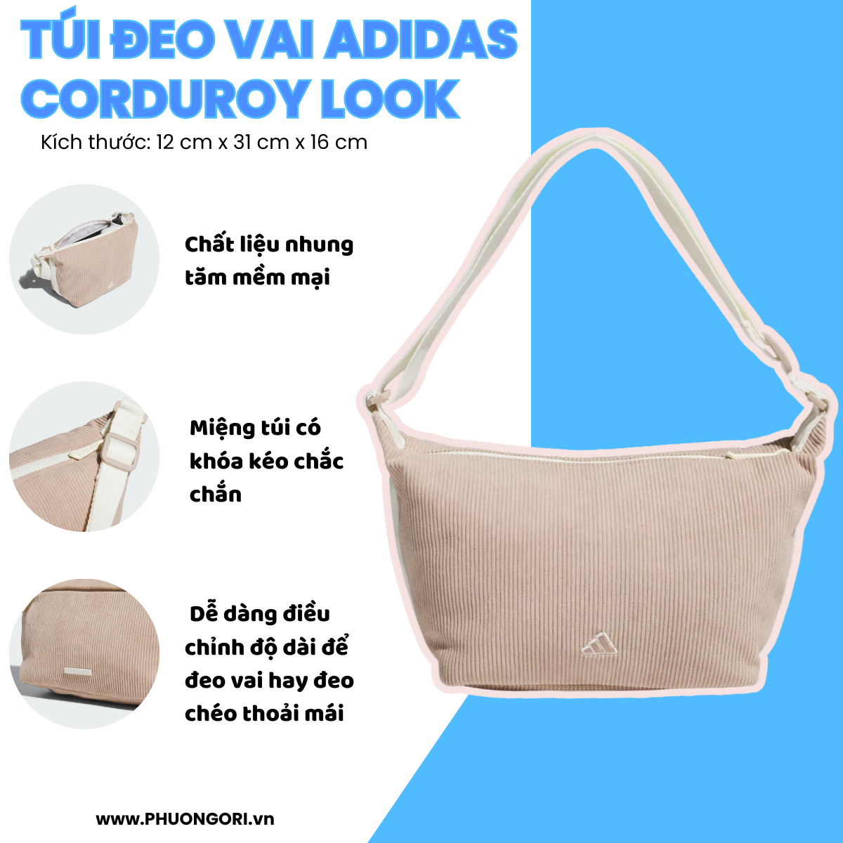 🏌️♀️ Túi Đeo Vai Adidas Corduroy Look | Màu Kem Taupe sang xịn cho dân chơi golf
