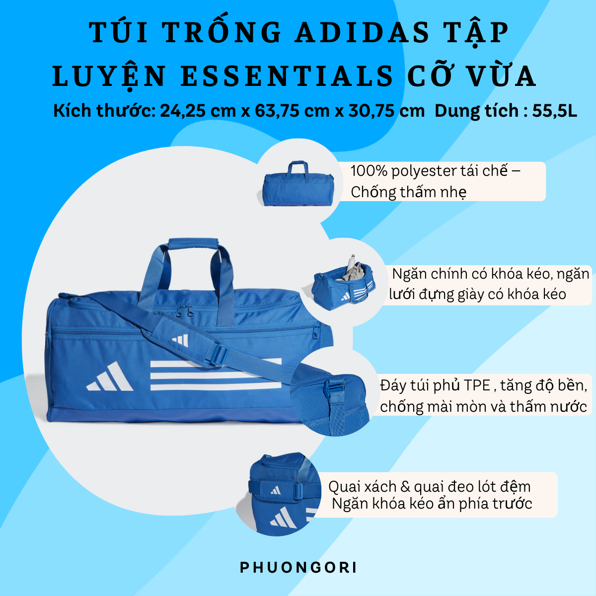 🛄 Túi Trống Adidas Tập Luyện Essentials Cỡ Vừa – Rộng Rãi, Tiện Lợi, Đẳng Cấp