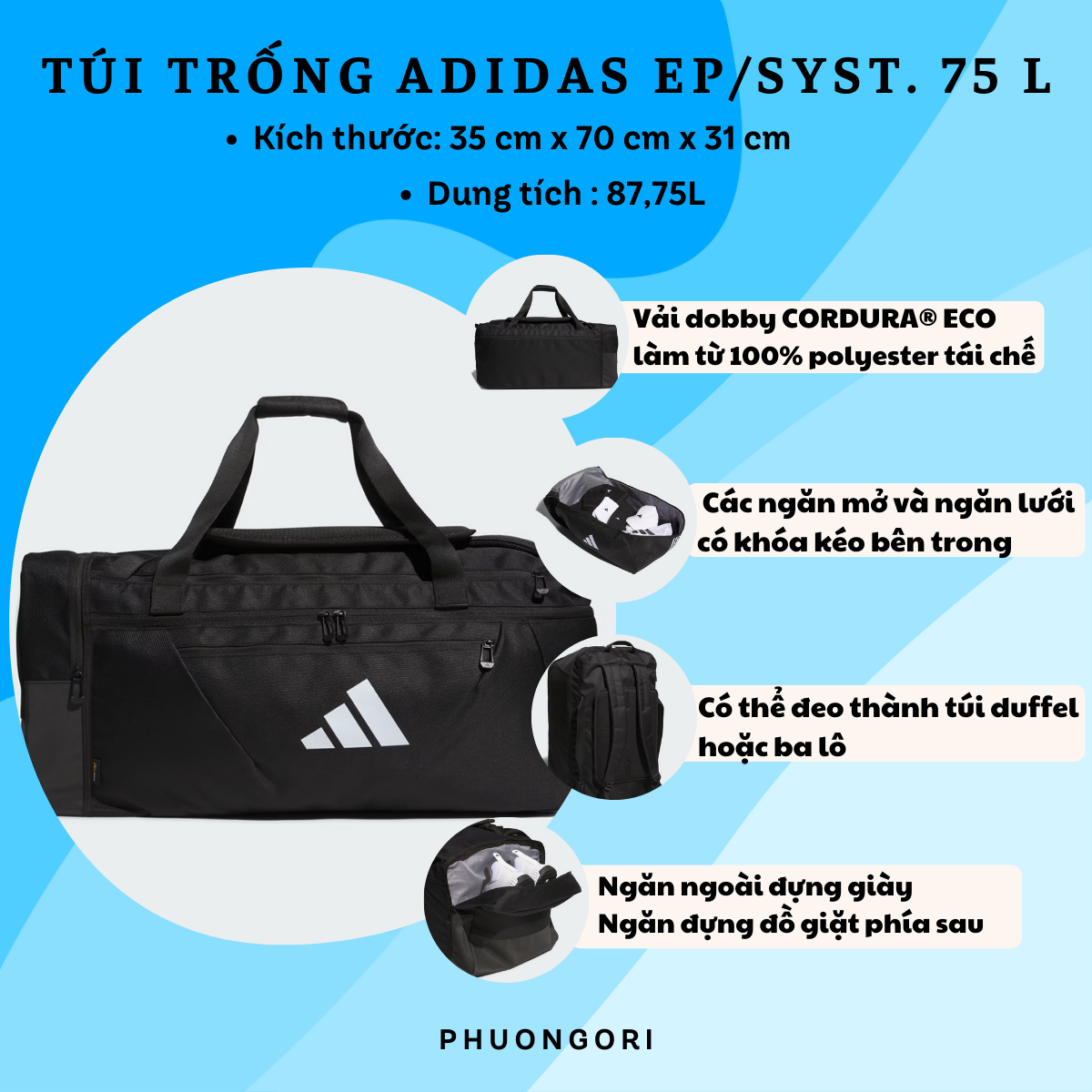 🏋️♂️ Túi Trống Adidas EP/Syst. 75 L – Chất Lượng, Đựng Được Mọi Thứ!
