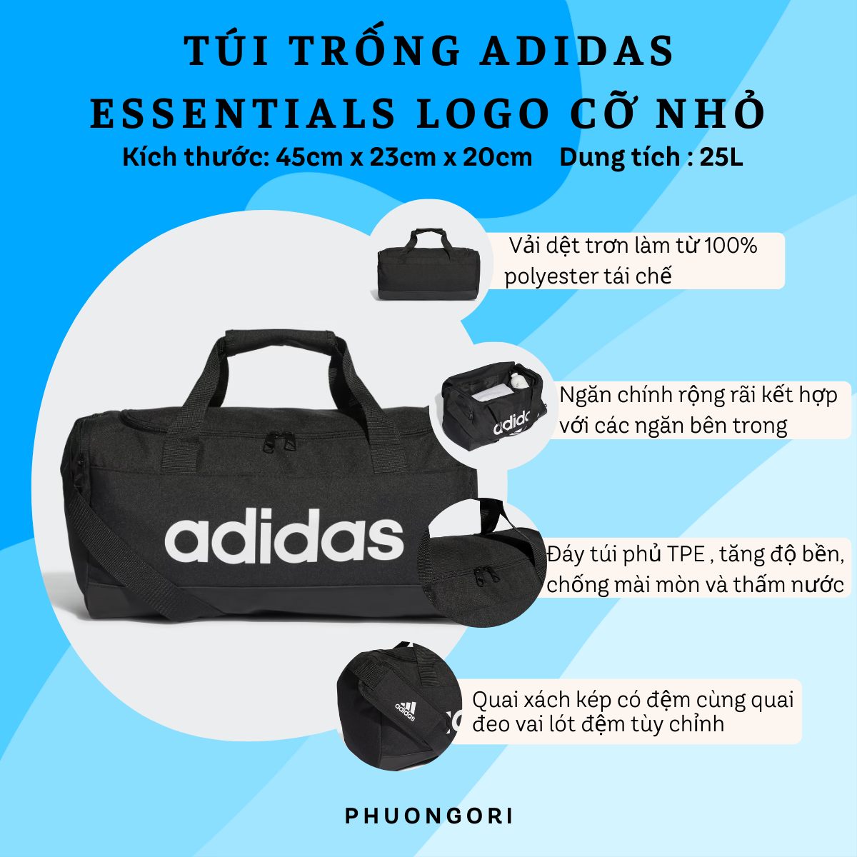 🛄 Túi Trống Adidas Essentials Logo Cỡ Nhỏ – Gọn Nhẹ, Tiện Lợi, Phong Cách
