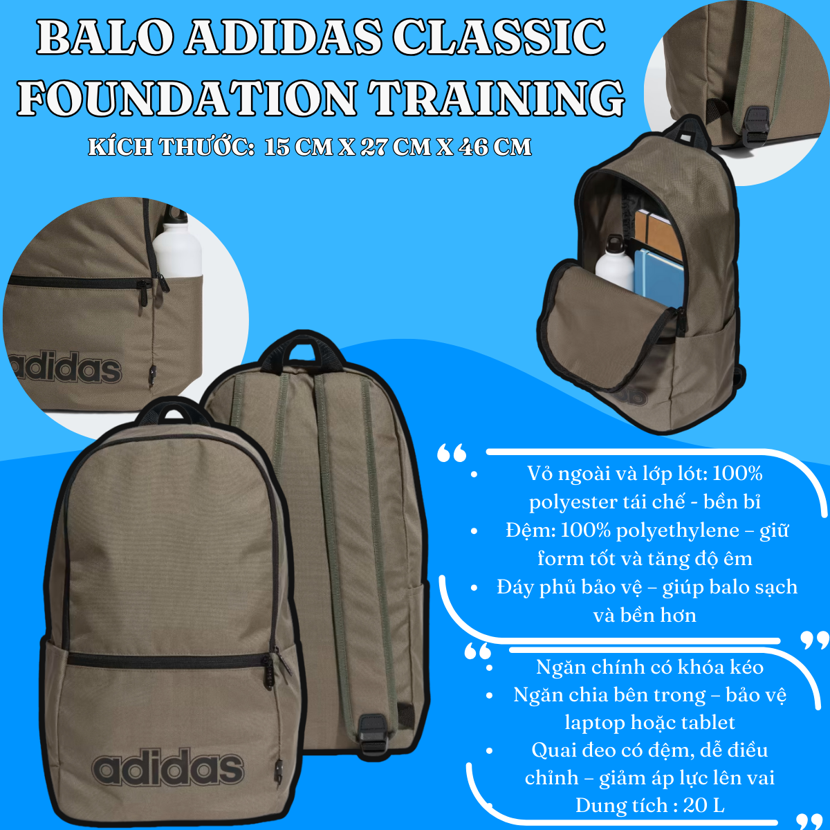 🎒 Balo Adidas Classic Foundation Training – Phiên bản Xanh Lá Thời Thượng