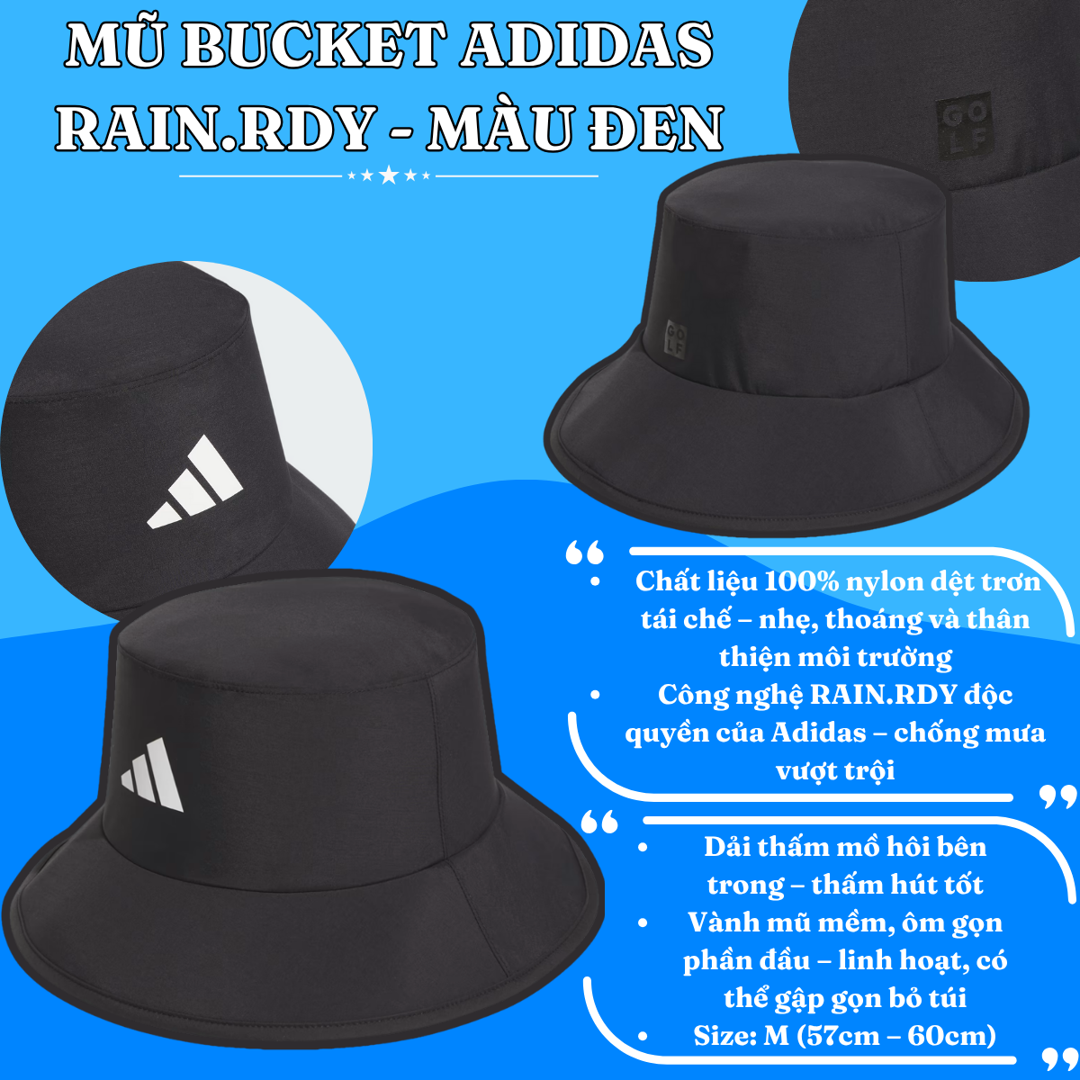 👒 Mũ Bucket Adidas RAIN.RDY – Màu Đen | Đơn Giản, Chống Mưa, Dễ Phối