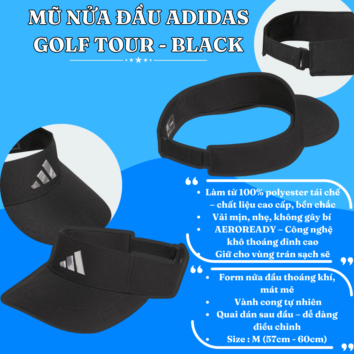 🖤 Mũ Nửa Đầu Adidas Golf Tour – Màu Đen | Nhẹ – Ngầu – Chuẩn thể thao