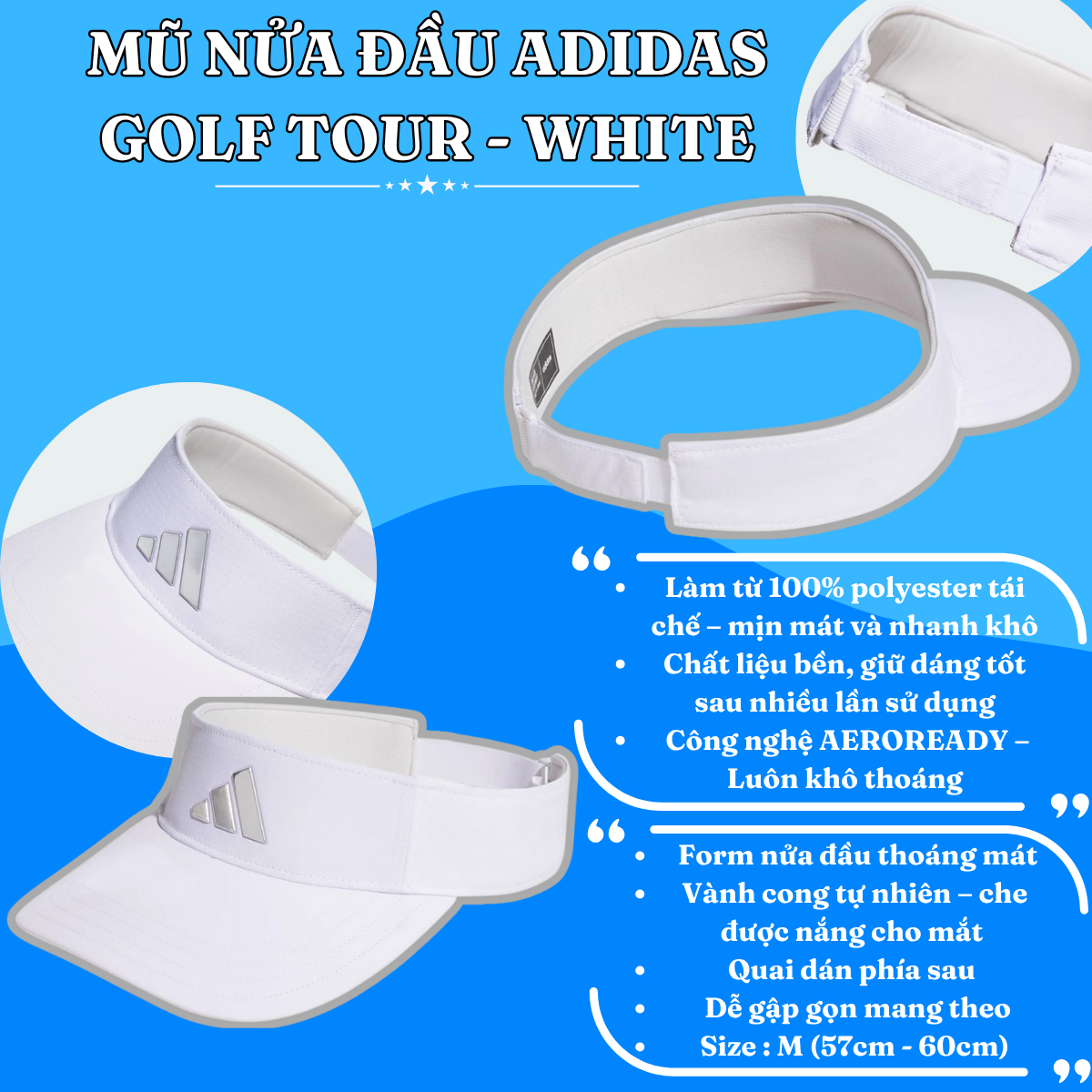 👒 Mũ Nửa Đầu Adidas Golf Tour – Màu Trắng | Nhẹ – Mát – Thể thao chuẩn gu