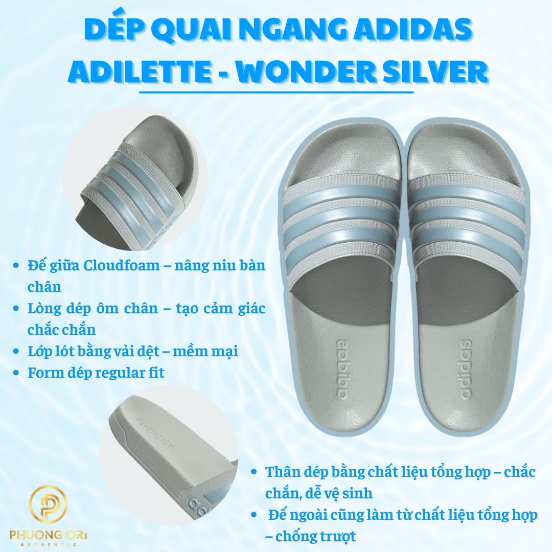💙 Dép Quai Ngang Adidas Adilette – Màu Wonder Silver / Magic Grey Met / Wonder Blue