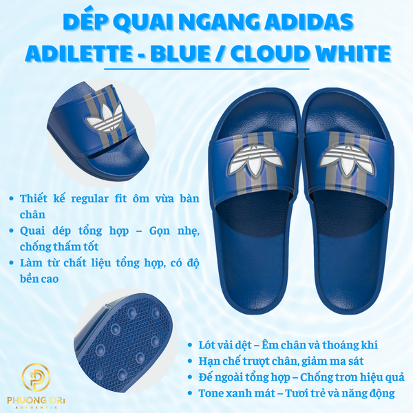 💙 Dép Quai Ngang Adidas Adilette – Màu Blue / Cloud White / Grey Three